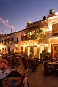 Restaurants in the Plaza Espana at dusk, Santo Domingo.